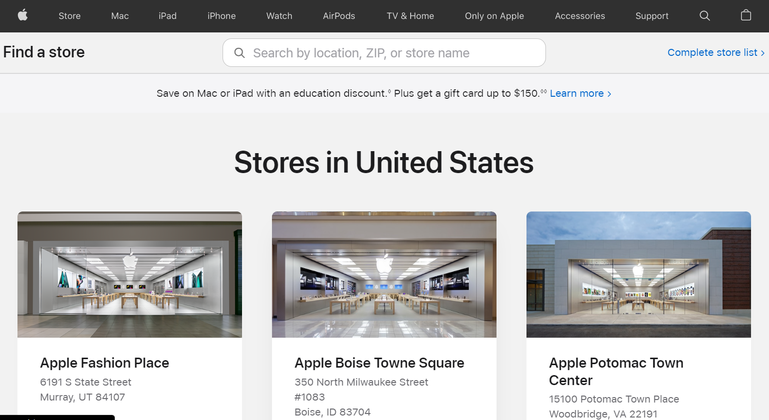 A screenshot from Apple's website showing the list of Apple stores in the United States. 