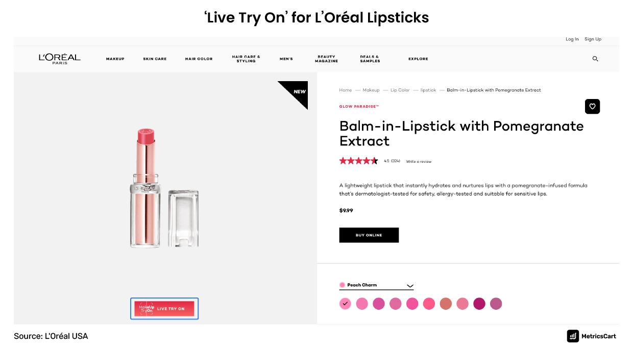 image showing live try on feature for loreal lipsticks