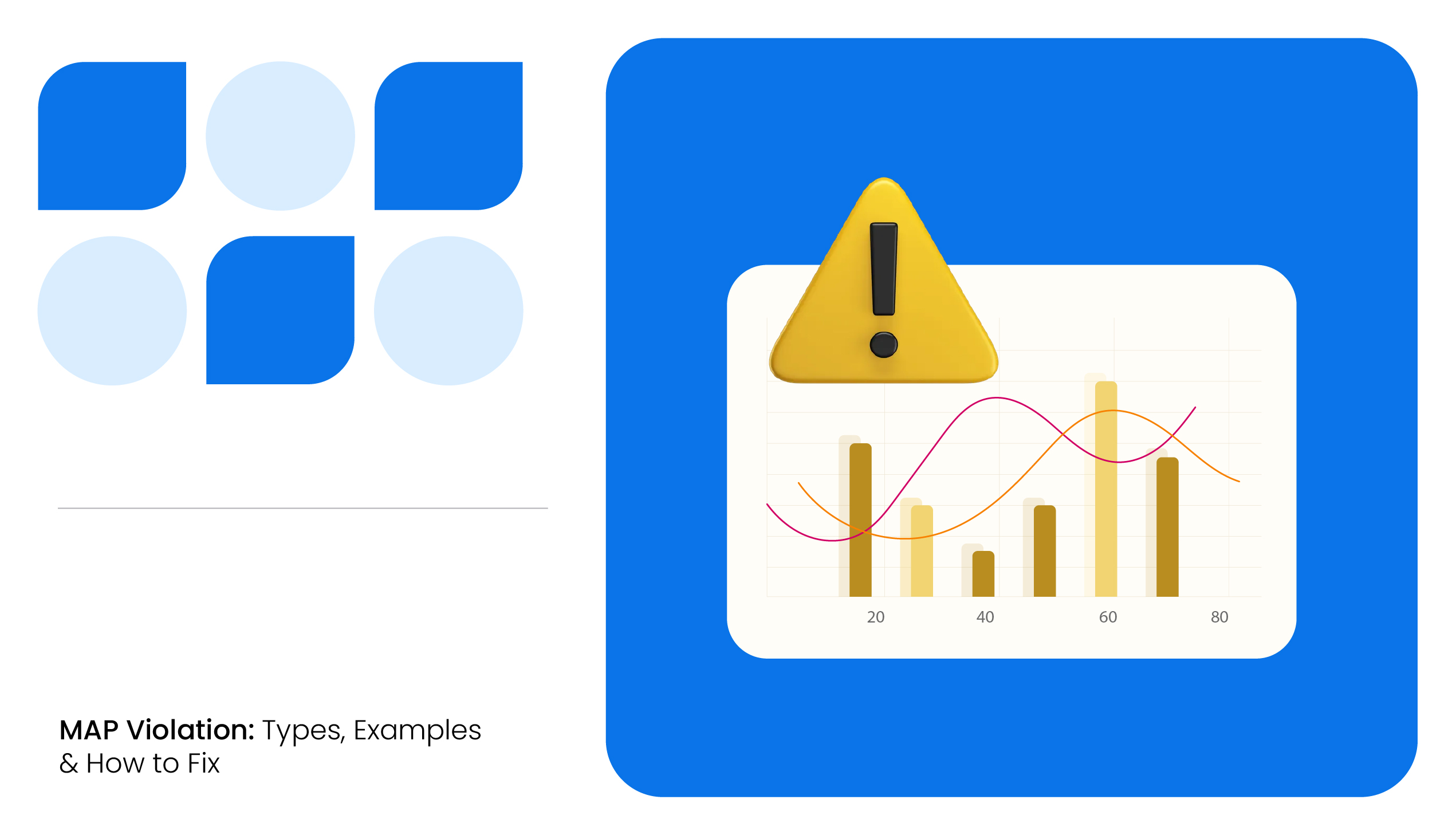 Blue infographic illustrating MAP violation types, examples, and fixes