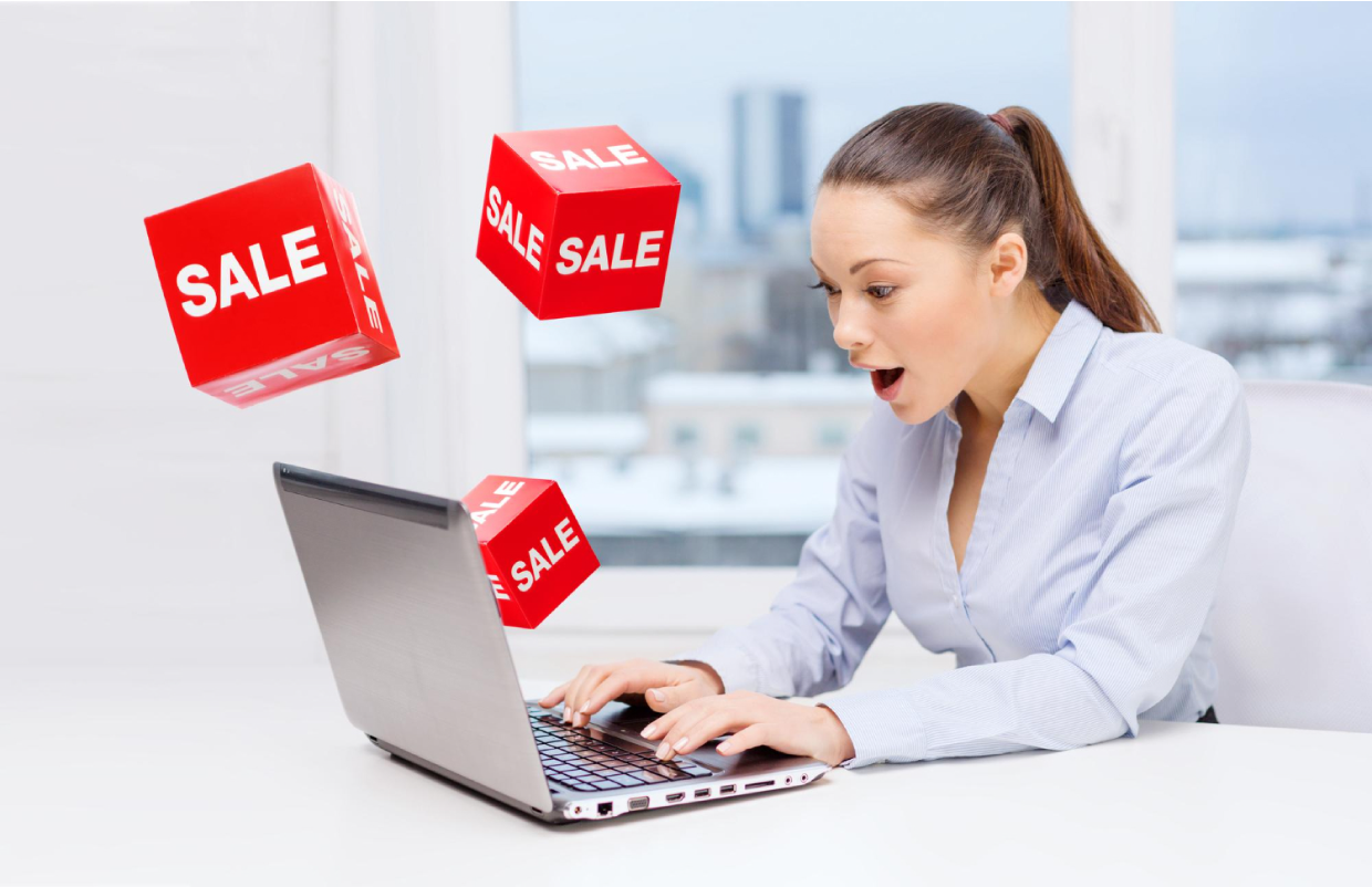 feature image showing a woman searching deals while shopping online