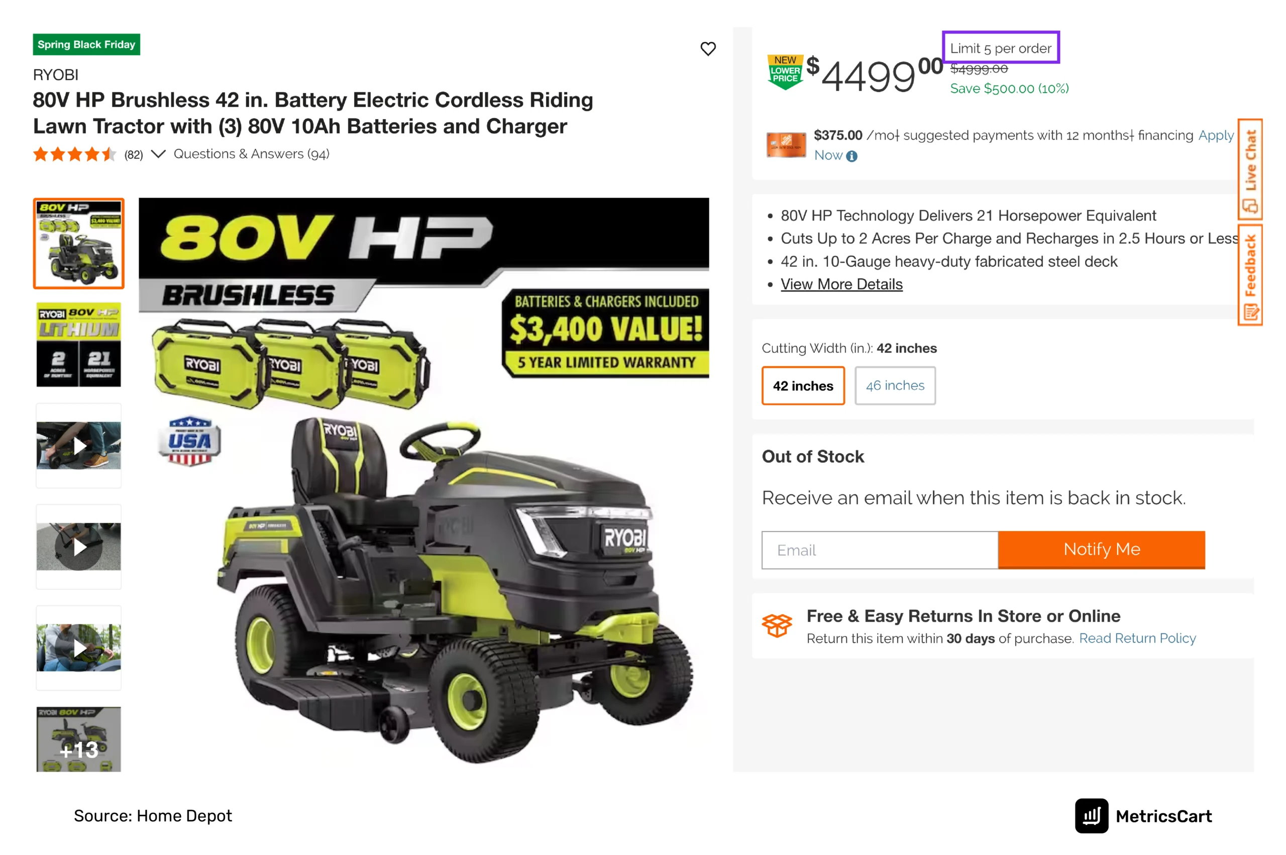 the image shows a bundled promotion pricing of an electric cordless lawn tractor with batteries and chargers for $4499