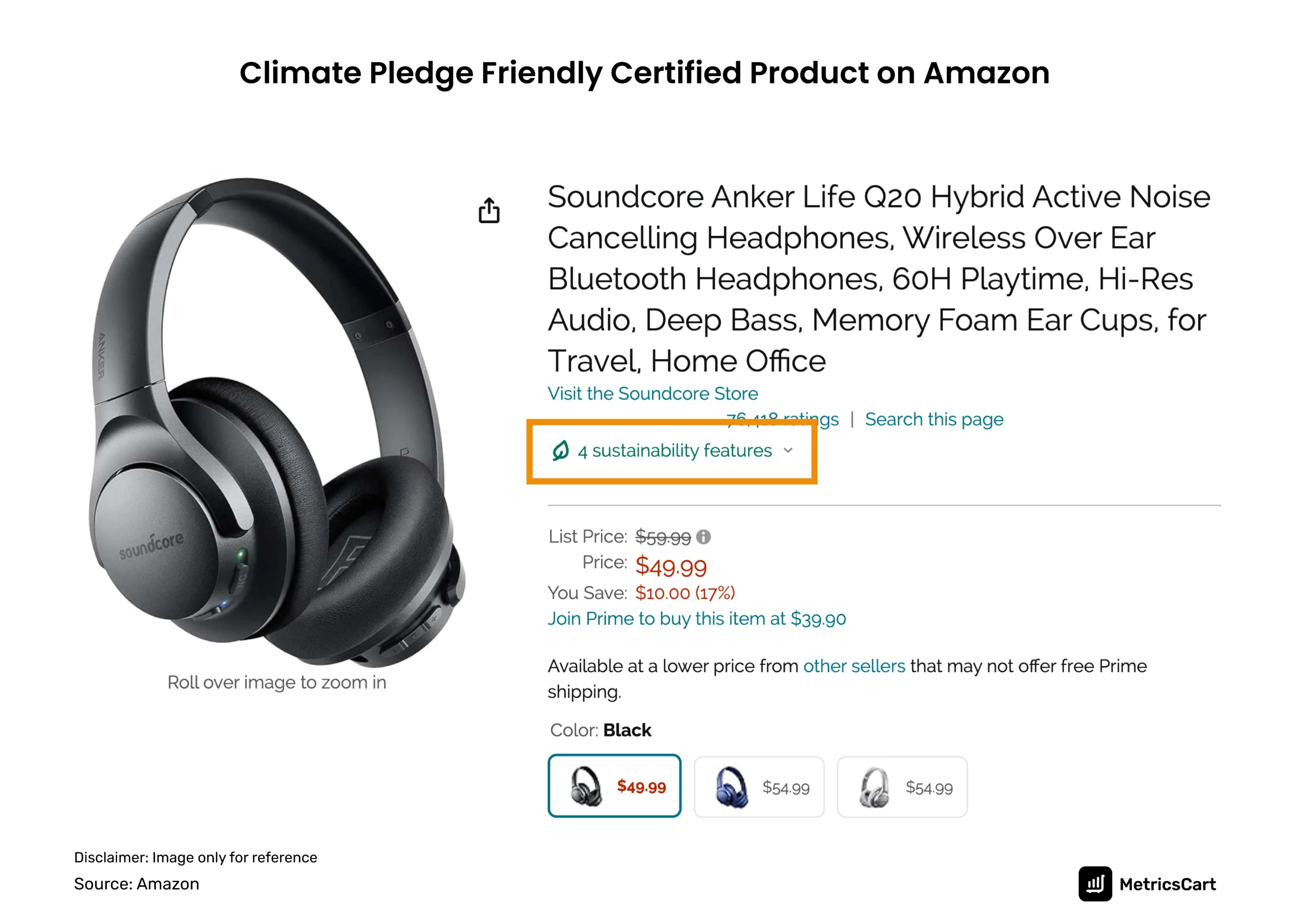 A screenshot of Climate Pledge Friendly certified headphones by Anker Soundcore on Amazon
