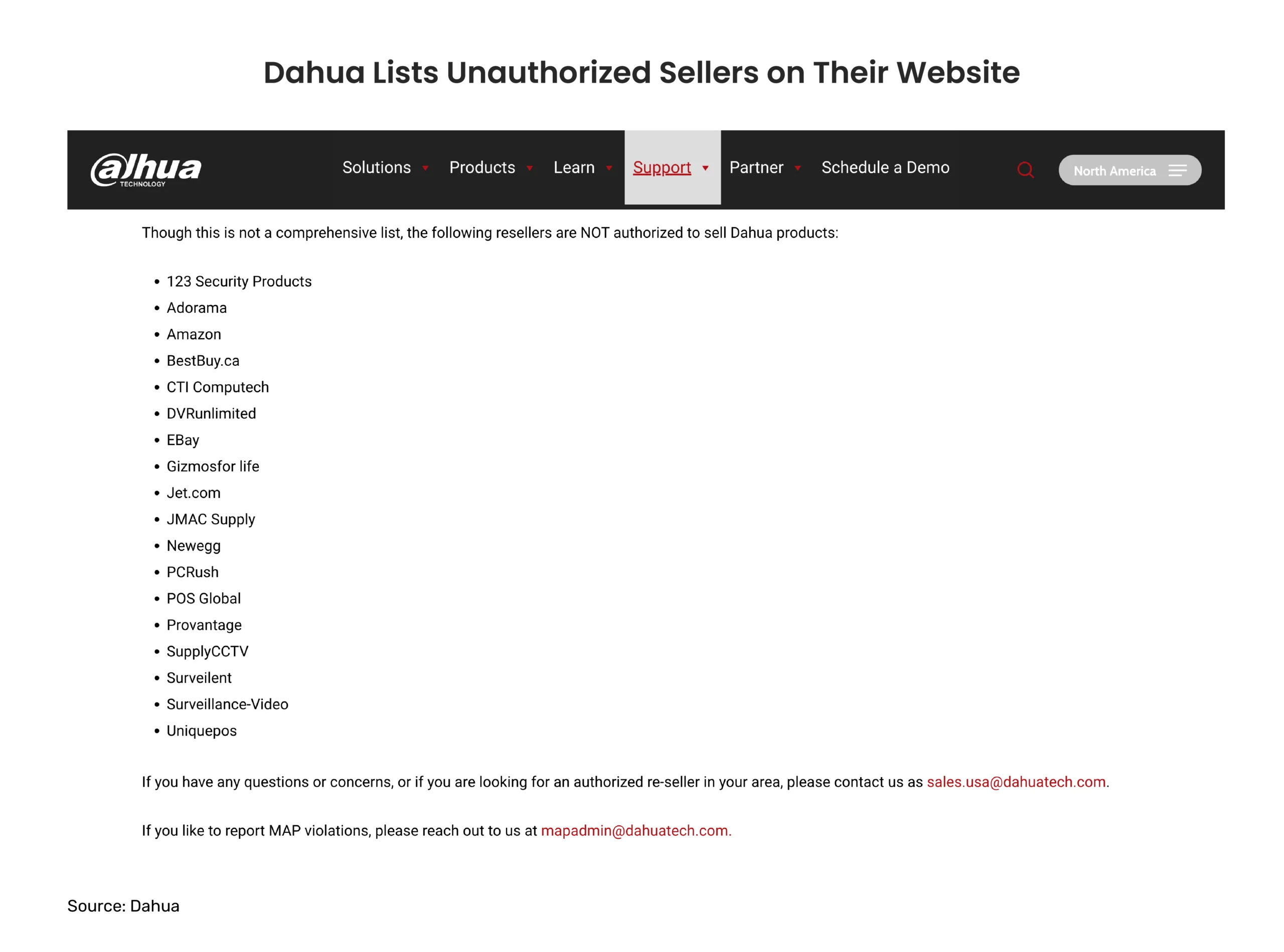 the image shows Dahua's website with the list of unauthorized sellers