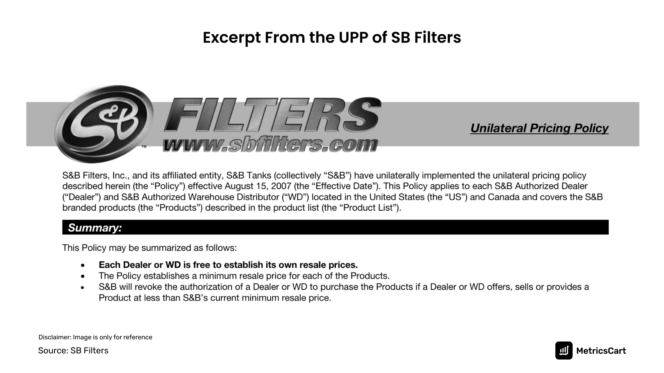 An excerpt from the Unilateral Pricing Policy of SB Filters