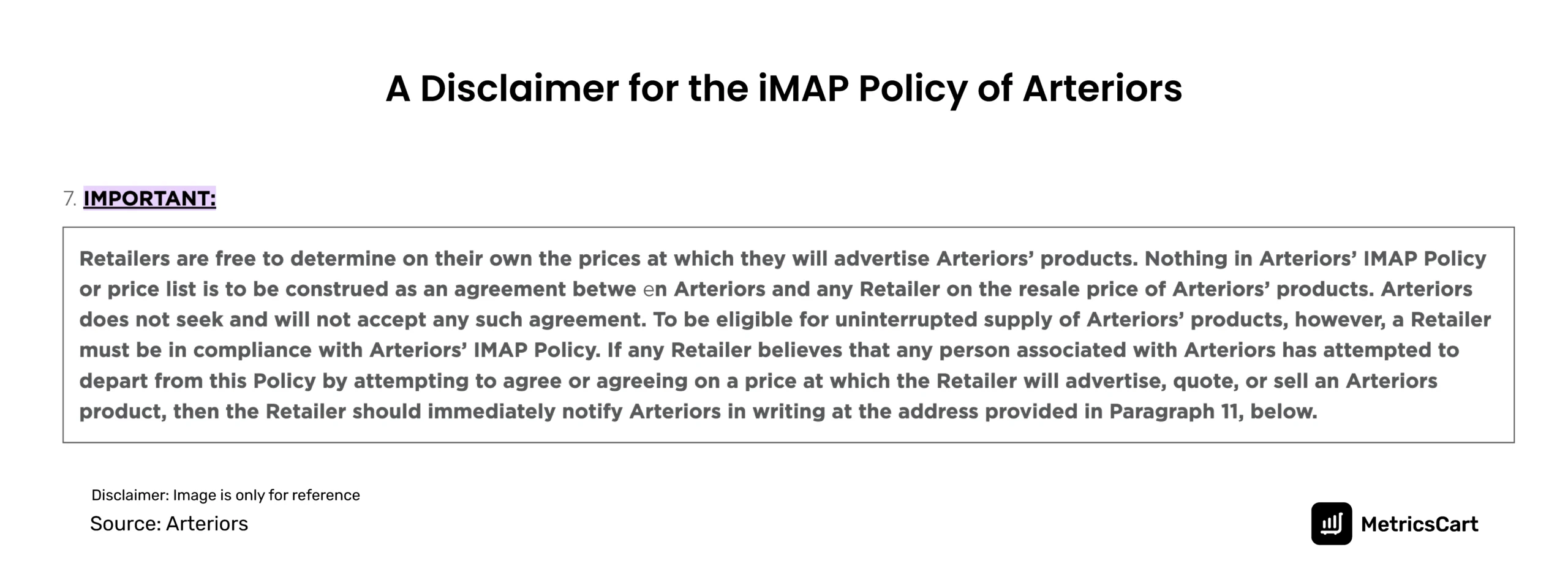 A screenshot of the iMAP policy disclaimer of Arteriors 