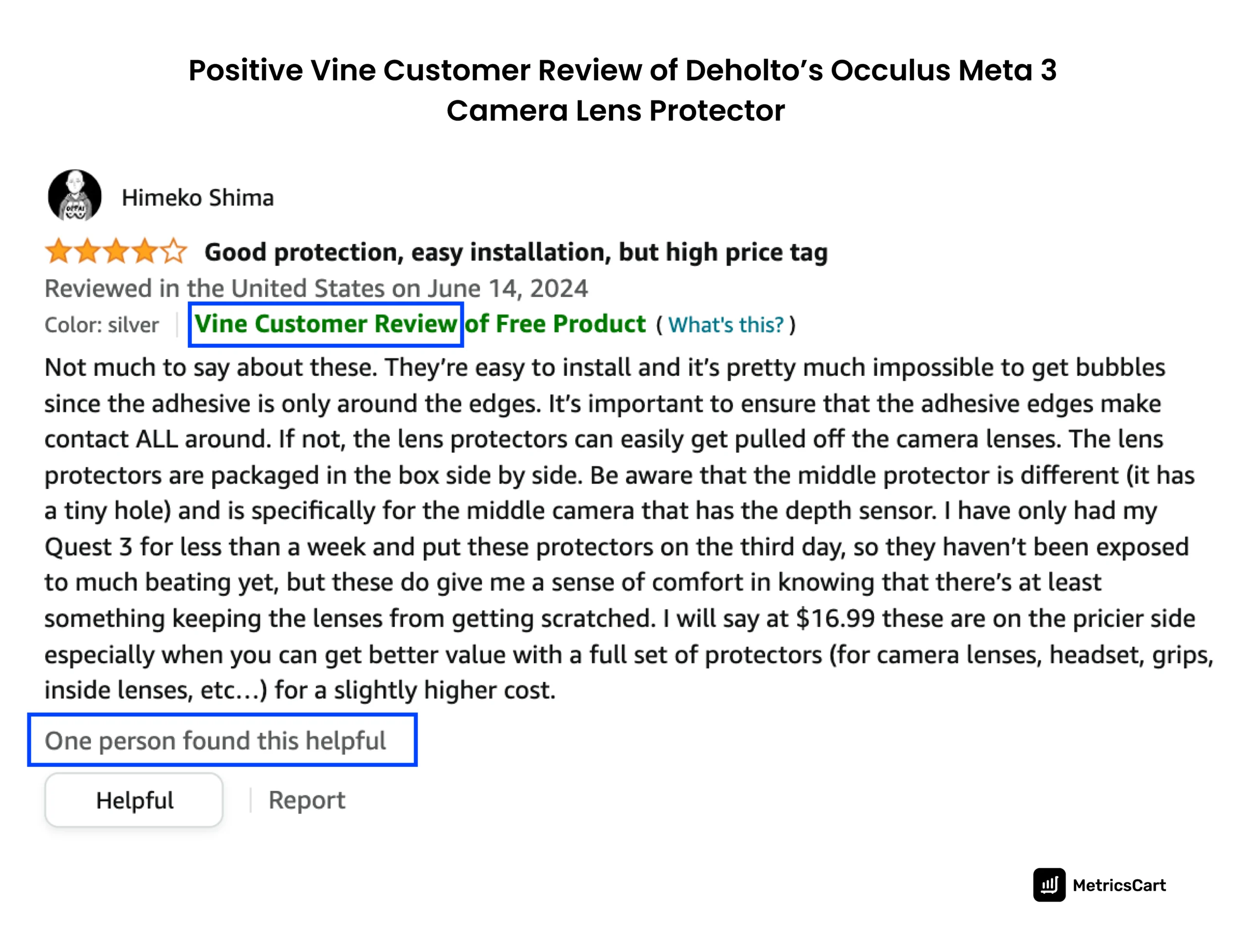 Positive review by a Vine customer reviewer for the Deholto brand’s Occulus Meta 3 Camera Lens Protector