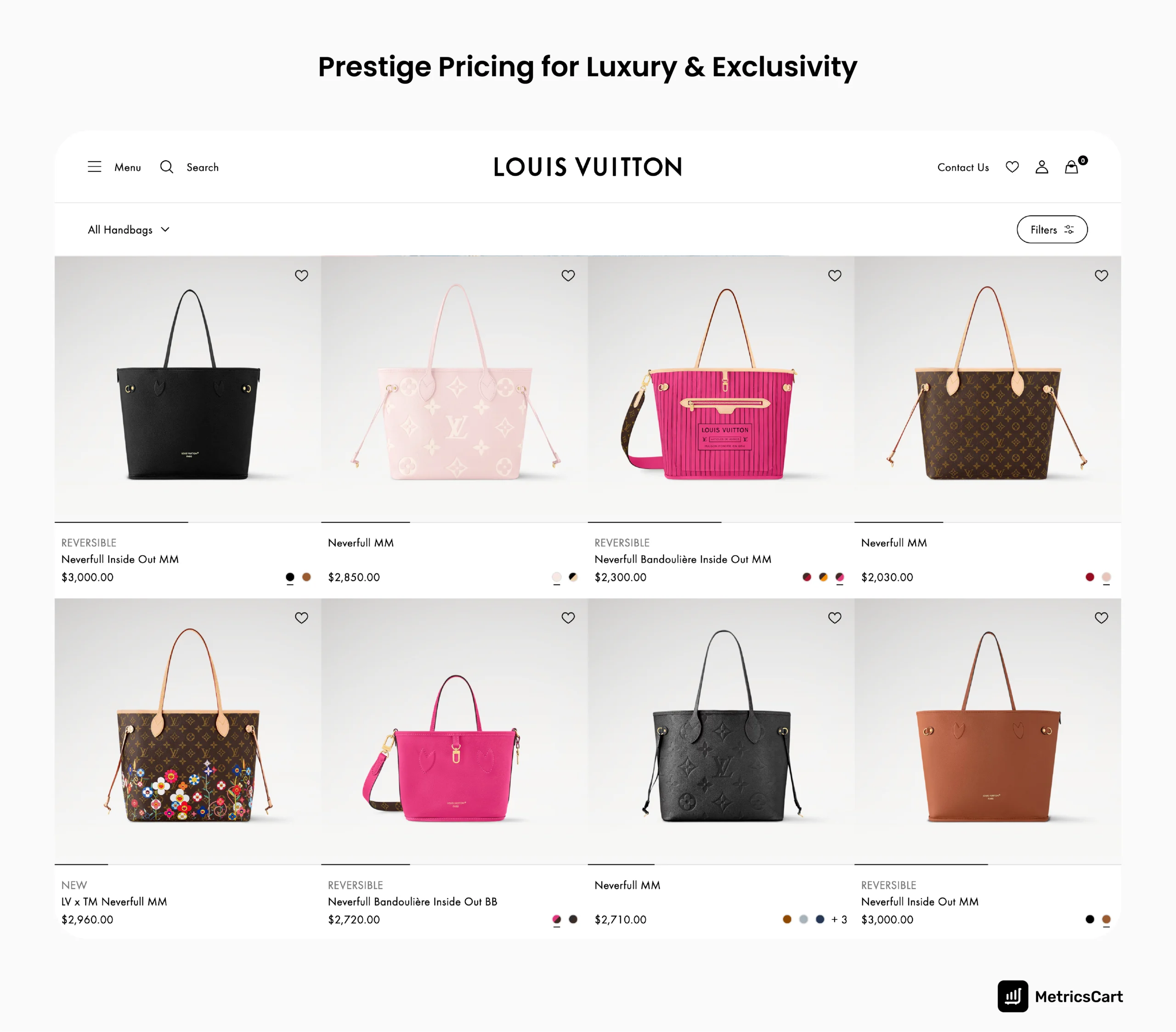 A product range of luxury bags showcasing prestige pricing
